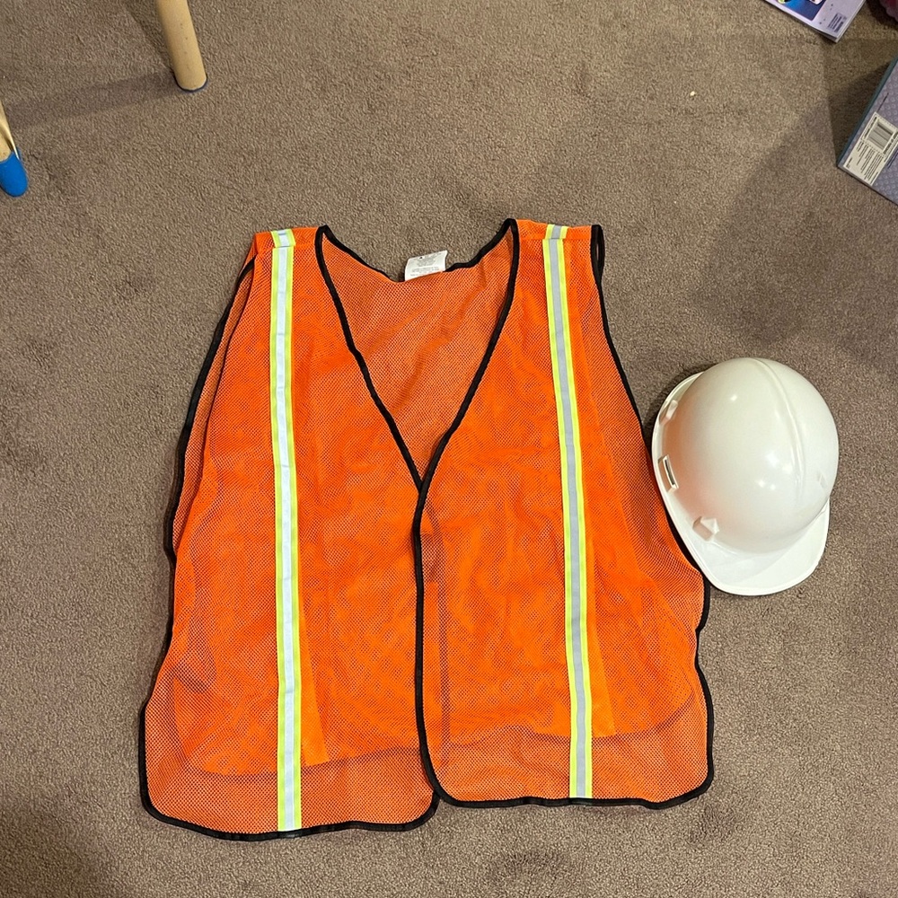 Men’s Orange Safety Vest and White Hard Hat bundle